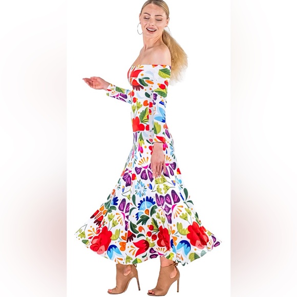 Eva Varro 3/4 Sleeve Off Shoulder Dropped Waist A-line Twirling Midi Dress Red - Picture 4 of 9